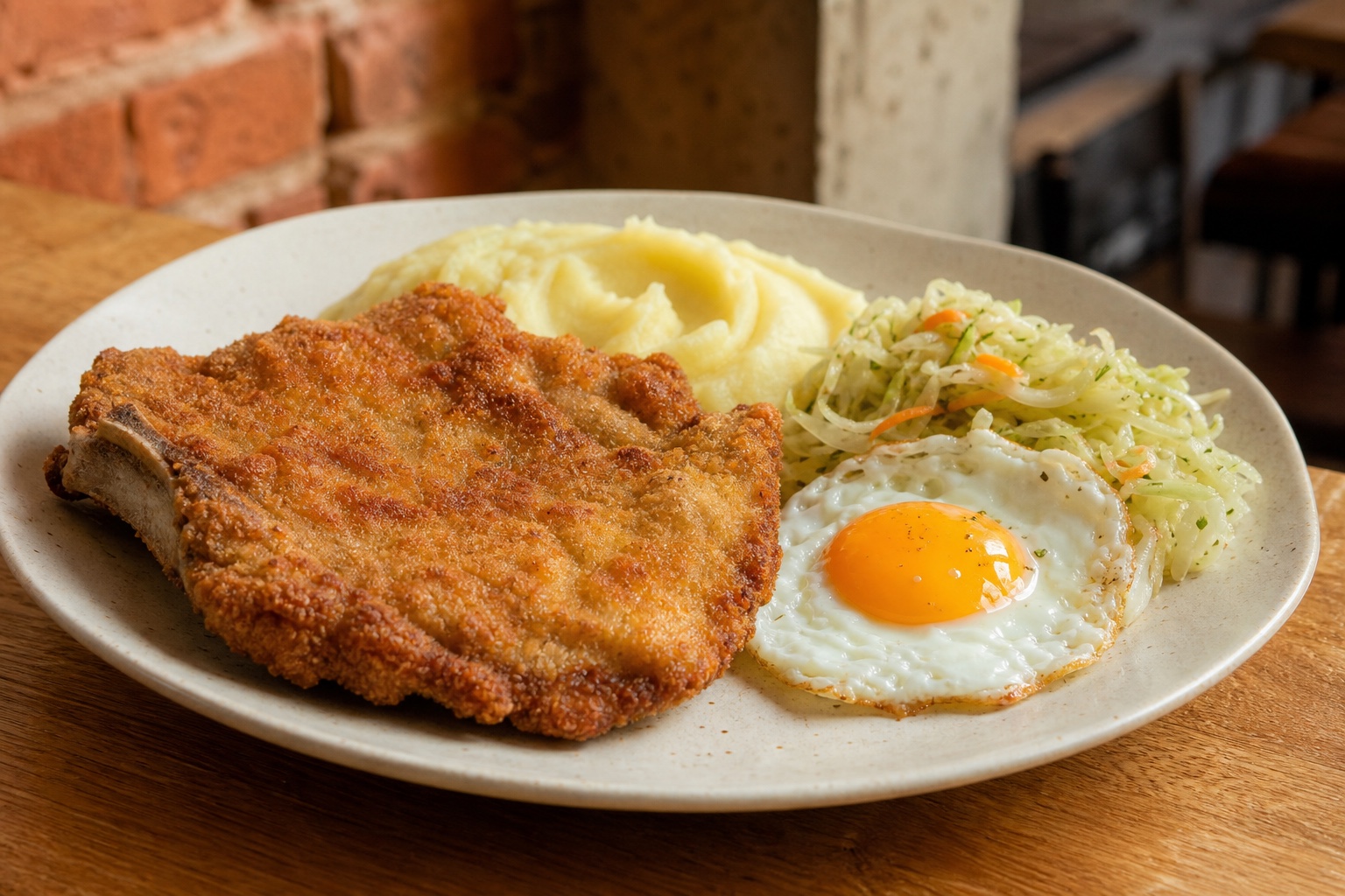 Schabowy z kością, purée ziemniaczanym, jajkiem sadzonym i surówką